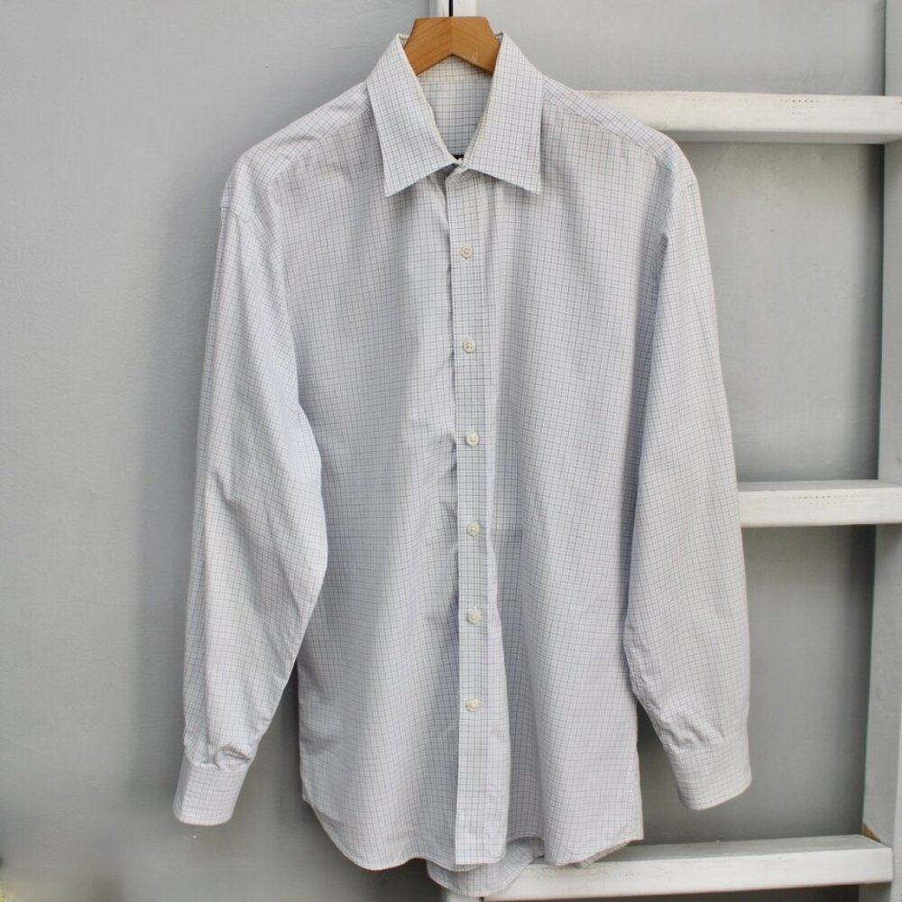 J. Hilburn Men's White Purple Blue Plaid Cotton Button-Up Dress Shirt Size XL